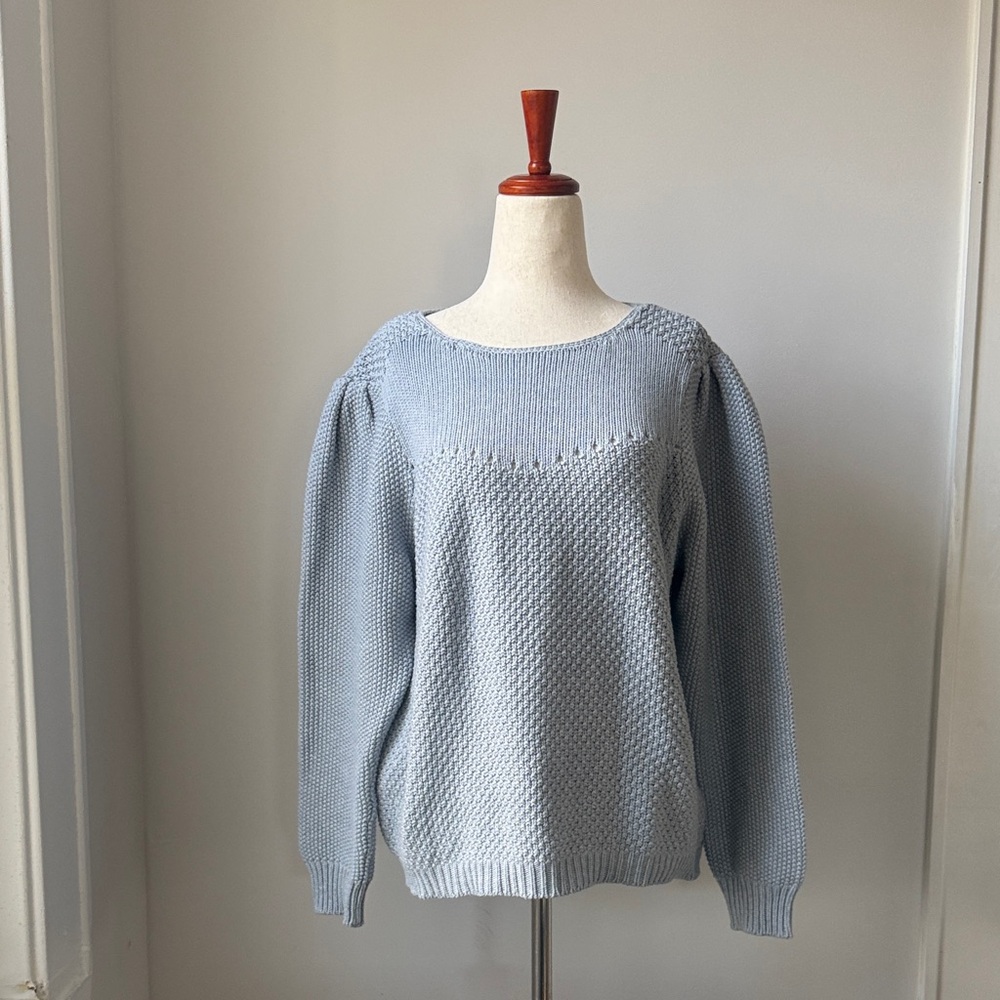 Wrap London Soft Blue Women's Sweater Size 14 Knit Organic Cotton Crewneck
